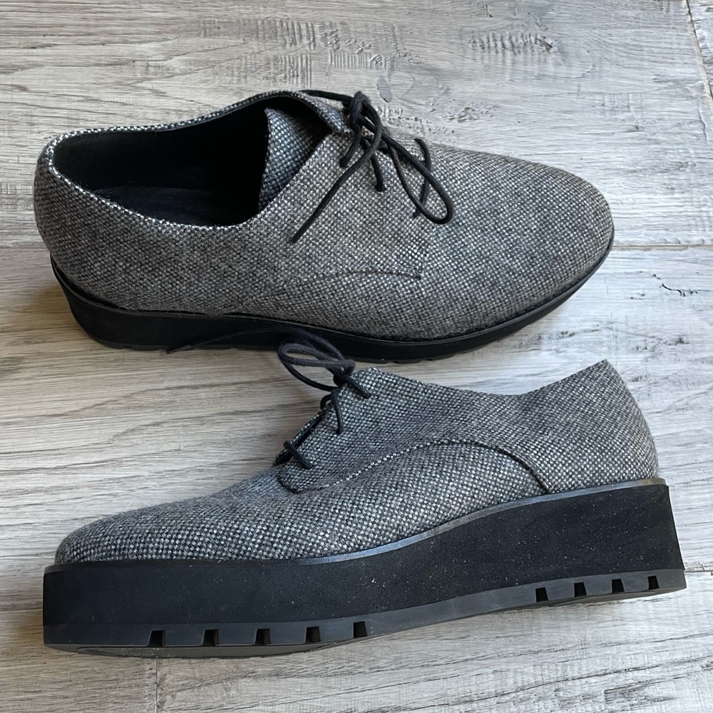 Eileen Fisher Eddy Tweed Platform Oxford Shoe Gray/Black Eclectic Grandpa SZ 10